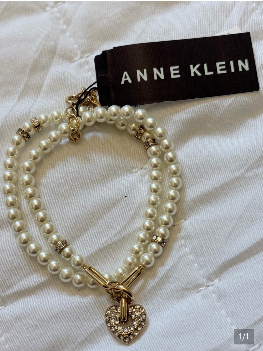 Anne Klein White Pearl Double-Strand Bracelet with Gold Heart Charm